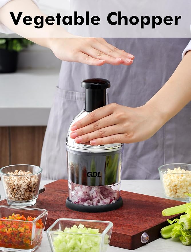 GDL Food Chopper, Manual Slap Vegetable Chopper Onion Dicer, Garlic Mincer | Hand Chopper for Onion Nut Pepper Celery Tomato, Easy & Safe Chopping, No BPA, Durable Stainless Steel Blade, Dishwasher Safe