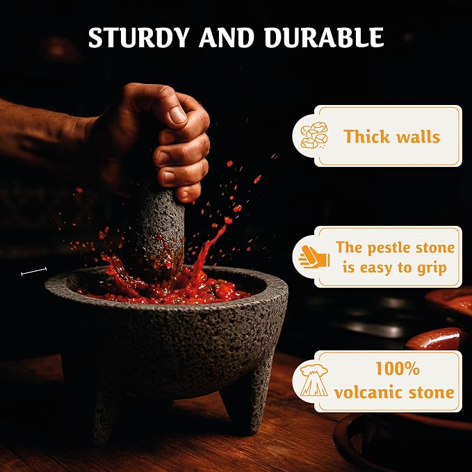 Mexican Molcajete 8in, Handmade with Natural Volcanic Stone, Mortar and Pestle Set for Guacamole, Spices, Salsa, Pesto & More, Authentic Lava Rock, Includes Free Tortilla Warmer