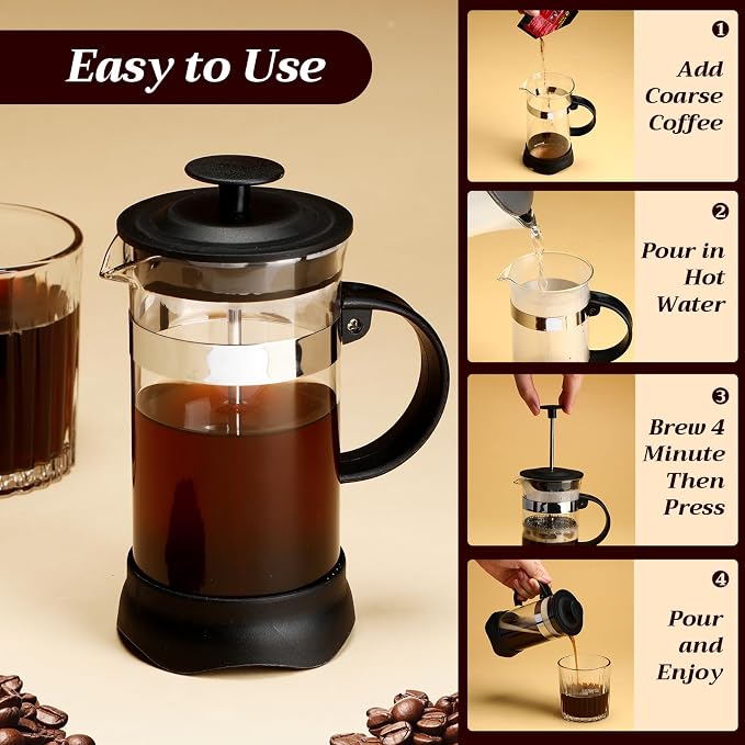 LemonRoad 4 Pack French Press Coffee Maker Borosilicate Glass Coffee Press Heat Resistant Stainless Steel Tea Maker for Travel Camping Kitchen Gifts Includes Pot Filters(12oz)