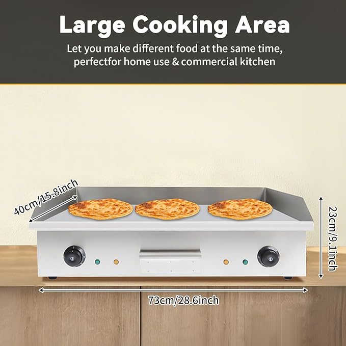 29 Inch Commercial Electric Griddle, 110V 3000W Double Control Electric Griddle Cooktop Flat Top Grill Stainless Steel Non-Stick Griddle Grill Temperature Adjustable 50-300℃ BBQ for Kitchen(NO PLUG)