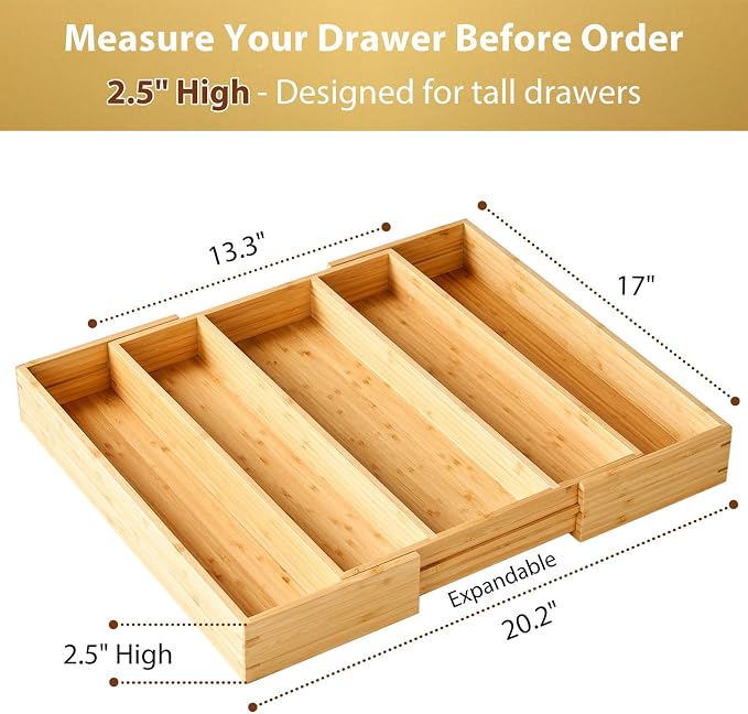 Expandable Kitchen Drawer Organizer, 2.5" High Bamboo Utensils Silverware Tray, Adjustable Large Deep Wood Organization Holder