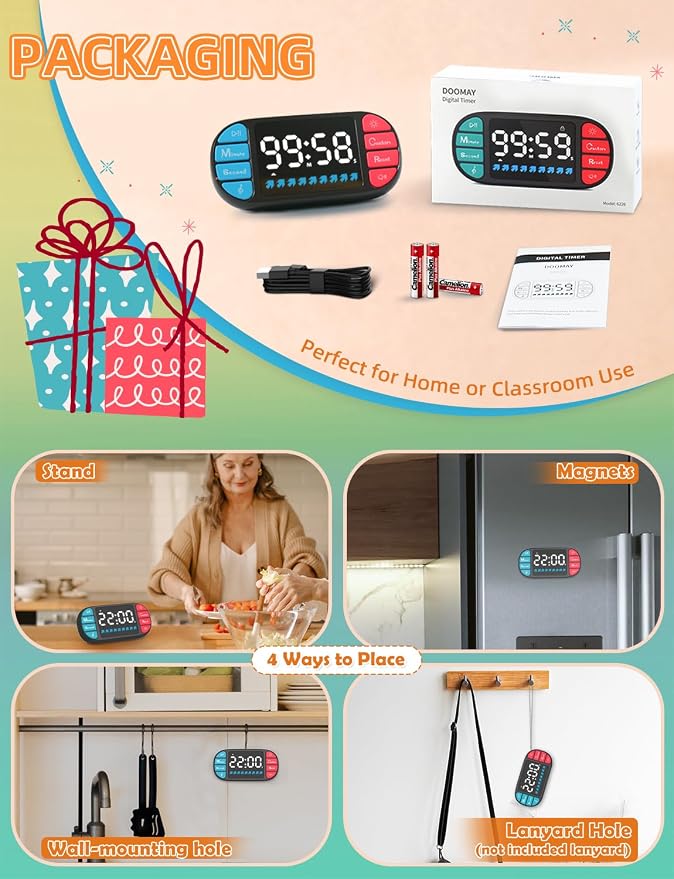 Digital Kitchen Visual Timer: 3.6'' Large LED Display, Magnetic, 3 Brightness, 4 Alarms and Volume, Memory Function, Countdown Count up for Cooking, Classroom, Home Gym, AAA Battery Included
