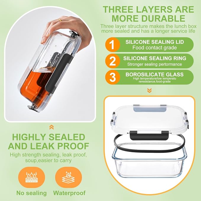 6 Pack Glass Storage Containers with Lids, 1 & 2 & 3 Compartments | 6-Pack Divided Glass Food Storage Containers, Airtight Leakproof, BPA-Free, Microwave/Dishwasher/Freezer Safe, Stackable