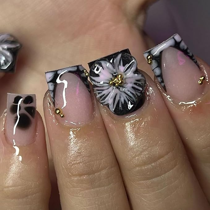 Flower Press on Nails Handmade Black French Tip Fake Nail with 3D Flower Designs Salon Quality Glossy Full Cover Elegant Nail Art Thick Acrylic Nails Short Square Handmade Stick on Nails（S)