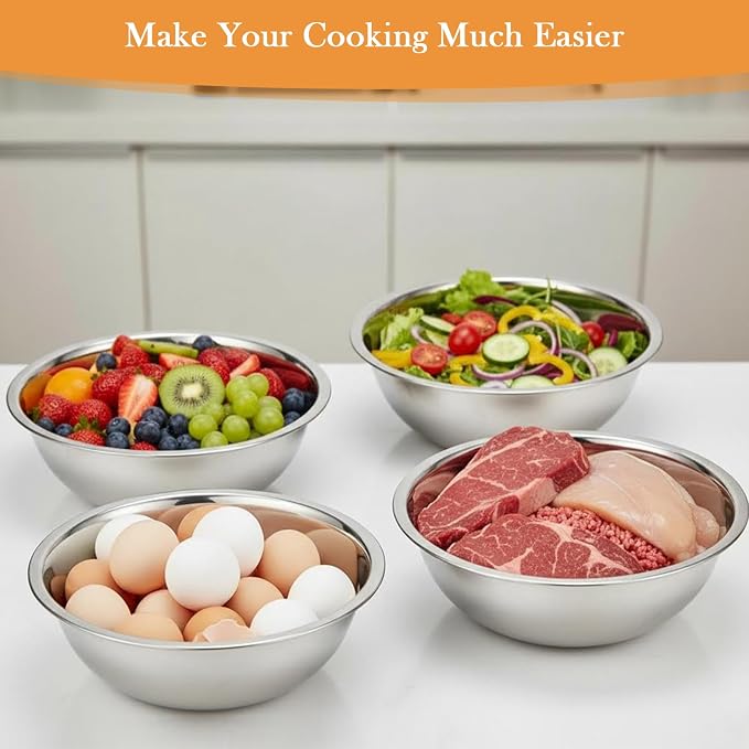 Stainless Steel Mixing Bowls,6PCS Large Mixing Bowl with Non-Slip Mat for Baking & Meal Preppers,13 Inch 8QT Metal Mixing Bowls for Home and Commercial