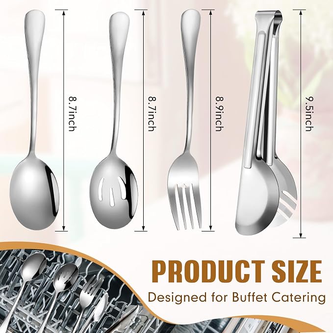 19 Pcs Serving Utensils Set Stainless Steel Tongs,Silver | Includes Spatulas Forks Spoons Perforated Skimmers, Parties Buffet Professional Kitchen Tools Home Gatherings Events