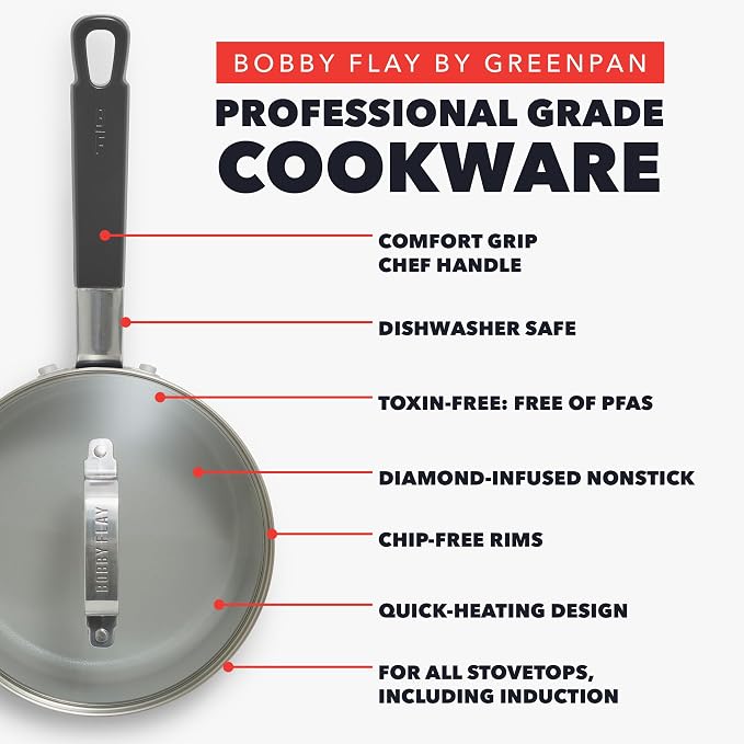 GreenPan x Bobby Flay 1.67QT Ceramic Nonstick Saucepan with Lid, Graphite | PFAS-Free Diamond Ceramic Nonstick Chef Pan, Silicone Handle, Induction & All Stovetop Compatible, Dishwasher and Oven Safe