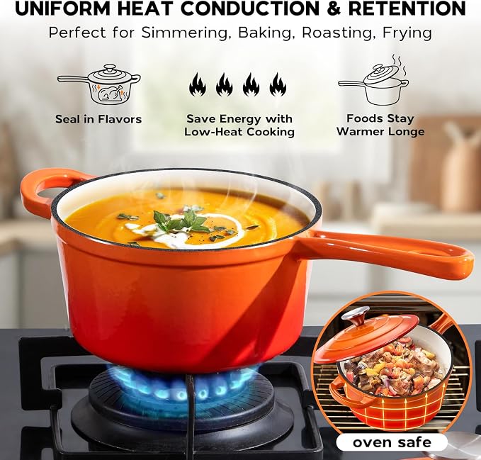 Onader Saucepan Set with Lid, 1QT & 2QT Small Enameled Cast Iron Pot Sets for Cooking, Nonstick Sauce Pan Dutch Oven, Induction Compatible, Heavy Duty – Sunset Orange