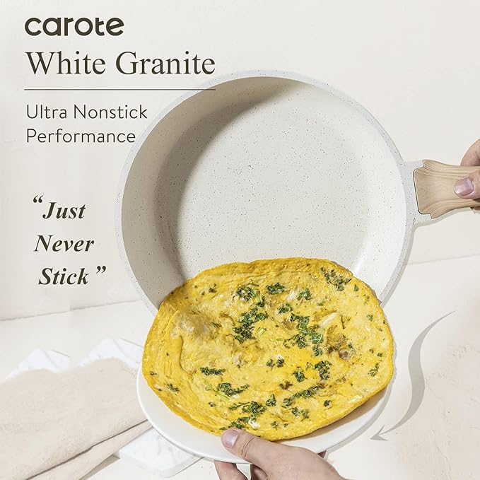 CAROTE 12 Inch Non Stick Frying Pan, Cream White Granite Skillet | Healthy Non Toxic Granite Kitchen Cookware, All Stovetops Compatible Skillet with Heat-Resistant Handle, Easy to Clean