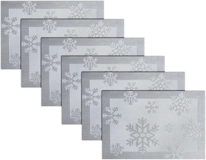 PIGCHCY Christmas Placemats Snowflake Woven Heat Resistant Placemats Washable Easy to Clean Table Mats for Dining Room and Decor(Set of 6, Silver)
