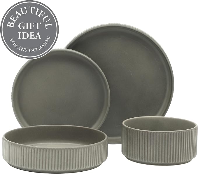 Gibson Elite Deerfield 16-Piece Stoneware Dinnerware Set – Soft Grey Reactive Glaze, Stackable Plates and Bowls, Service for 4 – Microwave & Dishwasher Safe
