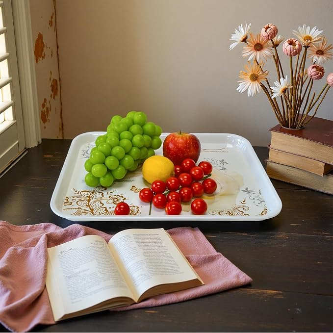 Large Floral Melamine Serving Trays 2 Pack Rectangle Food Platter | Stackable, Reusable, Raised Edge, Rectangular, Easy Clean,For Gift, Party, Decor, Home, Restaurant Use,Household Dining