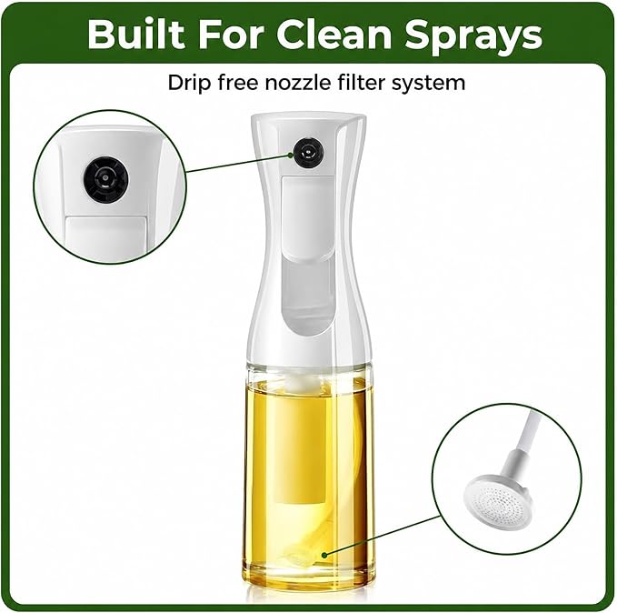 Glass Olive Oil Sprayer for Cooking - Fine Mist for Air Fryer | Refillable Oil Mister & Dispenser - Designed for Even Coverage, Less Mess, Roasting, Grilling & Baking - 6.7 fl oz (200 mL)