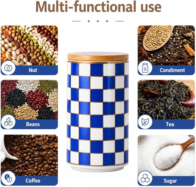 Kitchen Countertop Ceramic Checkered Canisters,Black And White Food Storage Containers With Lid,Airtight Kitchen Canisters for Flour, Sugar, Coffee, Tea, and Dry Goods (Blue, Large)