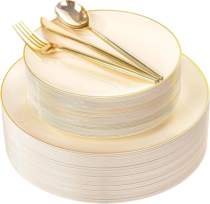 150Pcs Ivory Plastic Plates, Fancy Gold Plastic Plates Set for Party | Ivory Plates with Gold Rim,Ivory Disposable Plates Set Include 30 Dinner Plates,30 Dessert Plates,90 Plastic Silverware Set