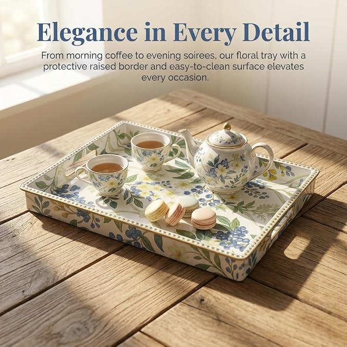 Decorative Serving Tray, Vintage Blue Berry Plastic Tray with Handles & Gold Rim, Multipurpose Storage Tray for Coffee Table, Bathroom, Kitchen & Entryway Home Decor. 15.7" x 11.8" x 1.57"