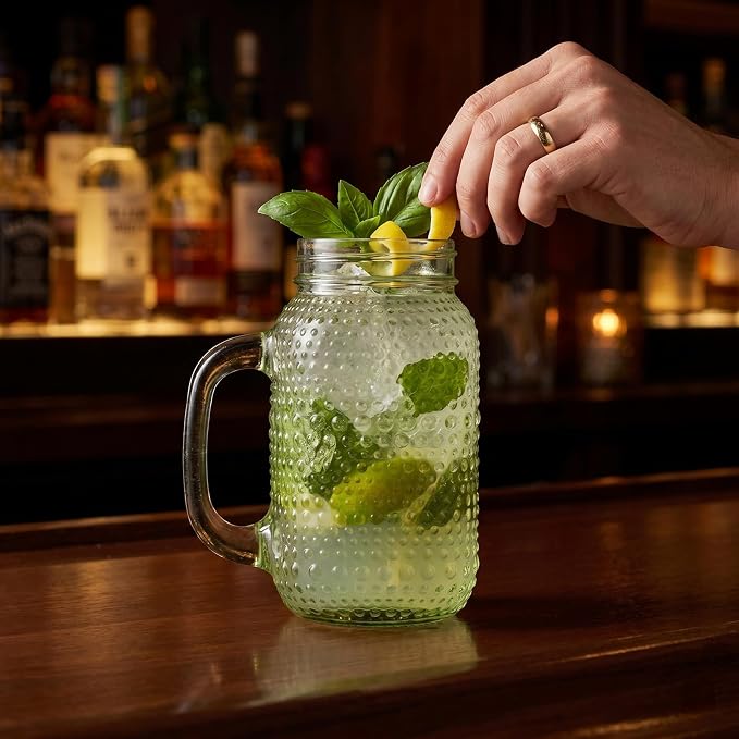 DaYammi 6 Pack 24oz Hobnail Mason Jars Cups Drinking Glass Cups with Lids & Straws, Green Wide Mouth Mason Jars Cups with Handle, Tumblers for Coffee Smoothies, Iced Tea, Juice, Beer, Cocktail