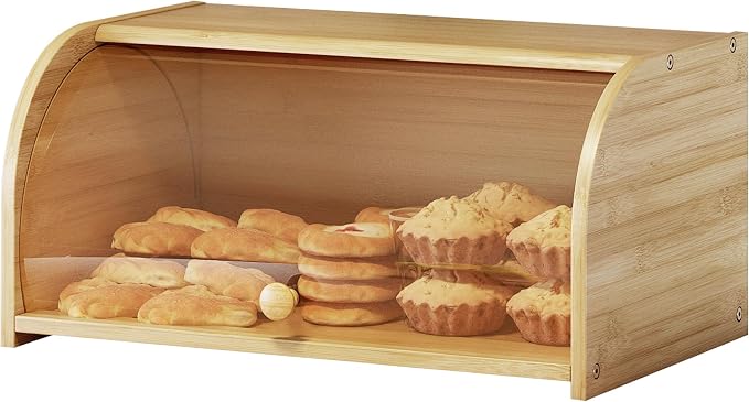 Roll Top Bread Box for Kitchen Countertop with Clear Lid | Natural bamboo, clear roll-top lid. Airtight small breadbox. Fits homemade loaves, bagels, pastries. Easy assembly.