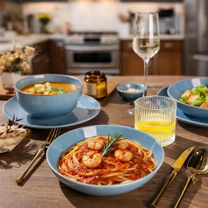 GBHOME Dinnerware Sets for 6, 24 Pieces Ceramic Plates and Bowls Set | Scratch Resistant Stoneware Dishes Set, Dishwasher & Microwave Safe, Reactive Glaze-Blue