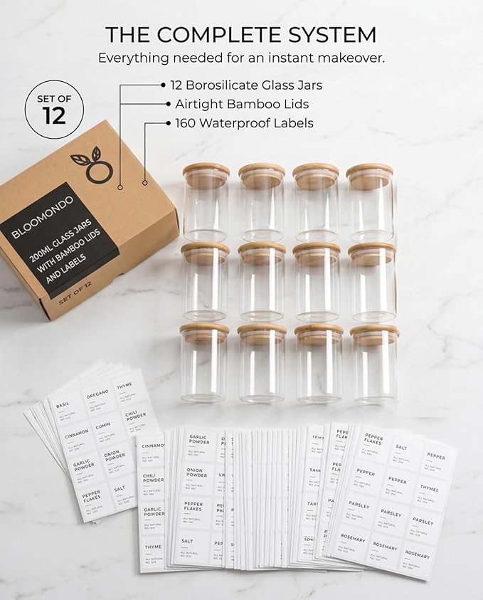Glass Spice Jars with Label Pack (12x Bamboo Lid Glass Jar) Small 6oz Empty Spice Storage Bottles with 112 Printed Stickers and 48 Writable Pantry Labels for Seasoning Containers