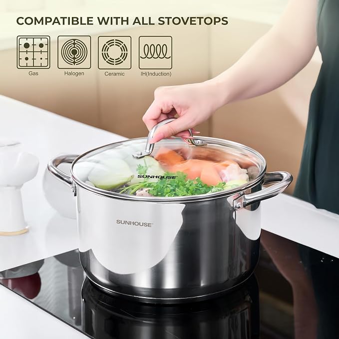 SUNHOUSE 8 Quart Stock Pot with Lid, Stainless Steel Large Pot for Cooking | 8QT Pots for Pasta, Soup - Stockpot for Canning with Impact Bonded Base - Oven Safe & Induction Compatible