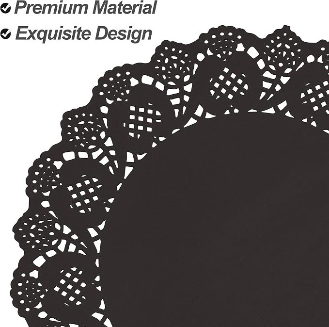 MCEAST 300 Pack Round Black Paper Doilies 13.5 Inches Lace Paper Place Mats Rustic Scallop Doily Disposable Table Pads for Food Cakes Crafts Party Weddings Tableware Decor
