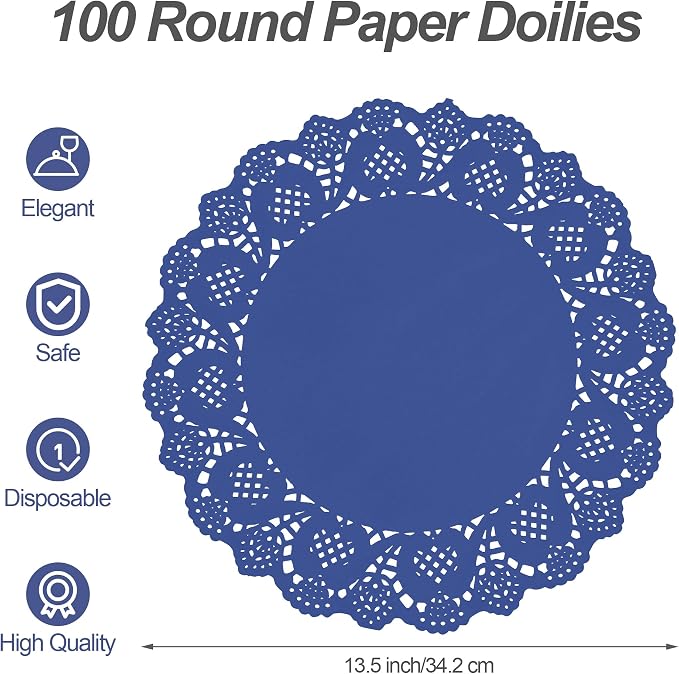 MCEAST 100 Pack Round Blue Paper Doilies 13.5 Inches Lace Place Mats Rustic Scallop Doily Disposable Paper Table Pads for Food Cakes Crafts Party Weddings Tableware Decor