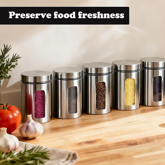 7 Pcs Kitchen Canisters Set with Window Glass 32 oz Stainless Steel Candy Storage Jars with Lids Airtight Coffee Containers for Flour Grains Spices Tea Sugar Cookies Kitchen Decorations