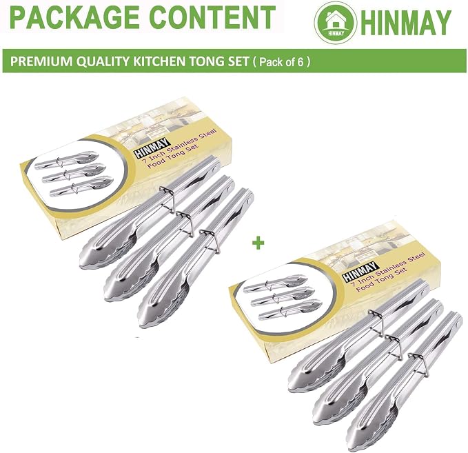HINMAY Mini Stainless Steel Food Tongs with Silding Rings 7-Inch, Set of 6 | Small Clam Shell Service Tongs for Serving Appetizers, Desserts, Salads, Barbecue and Cooking (Silver)