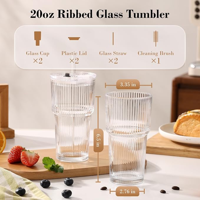 20oz Iced Coffee Cups with Lids, Ribbed Glass Cups with Lids and Straws | Thick Reusable Glass, Leak-Resistant Lids, Fits Most Car Cup Holders, For Iced Coffee, Tea, Smoothies and Cold Drinks