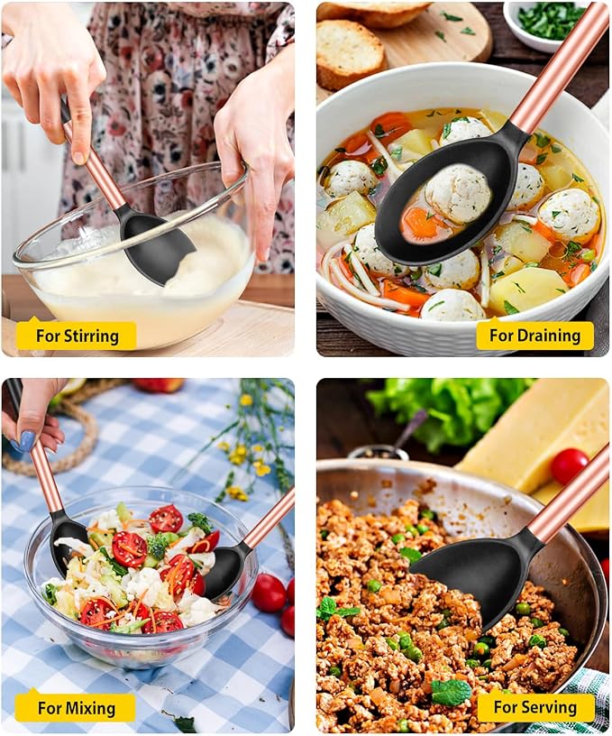 BUNDLEPRO Silicone Cooking Spoons for Non Stick Cookware, 2 Pack | Rose Gold Black, Heat Resistant, Large Kitchen Spoons for Mixing, Serving, Draining, Stirring