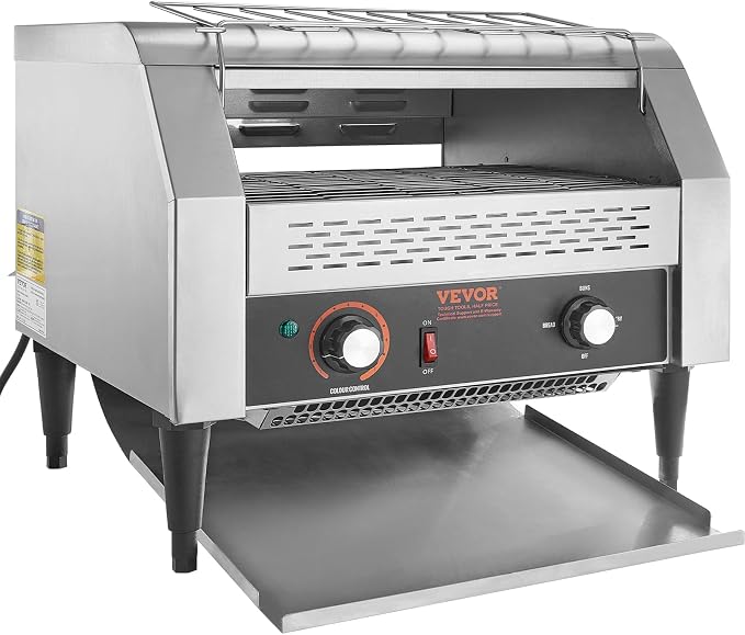 VEVOR 1770W Commercial Conveyor Toaster, 450 Slices per Hour, Heavy Duty Electric Toaster Oven, Food-Grade 304 Stainless Steel Conveyor Belt, Dual Knob Control, for Restaurant Bakery Bread Bagel Bun