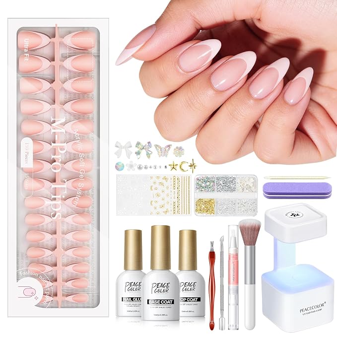 PEACECOLOR French Tip Press On Nails Kit - 150Pcs Long Almond 5 Colors Nail Tips Gel Nail Kit with U V Light Base & Top Coat Starter Kit Nail Glue Full Set Fake Nails DIY Gift for Women Girls Home