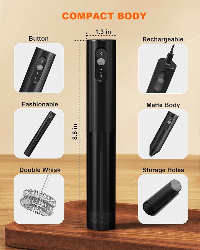 3-Speed Rechargeable Milk Frother Handheld, Black | Dual Coil Whisk, with Cover - Portable Frother for Coffee, Matcha, Cappuccino, Hot Chocolate & Protein Shakes