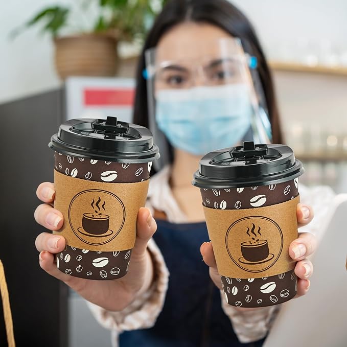 JOLLY PARTY Disposable Coffee Cups with Lids, Sleeves and Straws - 12oz(100 Pack) Paper Coffee Cups with Lids, Hot Cup for Shops, Cafes, and Concession Stands(Dark Brown)