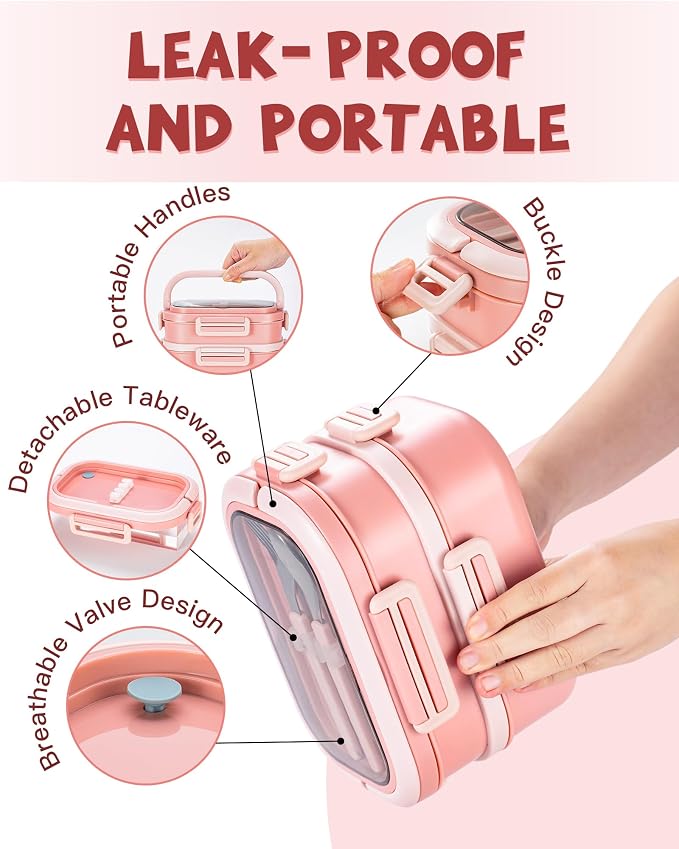 Lille Home Stackable Stainless Steel Bento Lunch Box + Insert Cutlery, 56oz | 2 Tier Leakproof Metal Lunch Boxes, 4-Compartment Food Containers for Work, Picnic, Meal Prep & Portion Control (Pink)