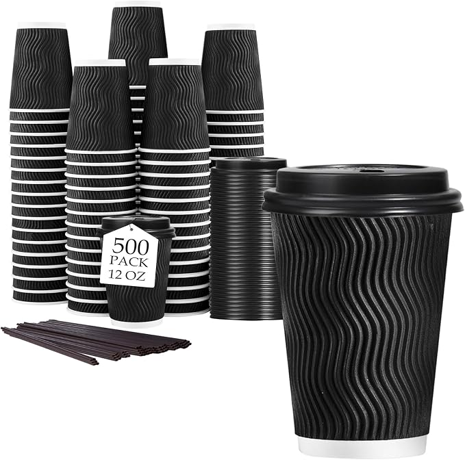 Lamosi 500 Pack 12 oz Disposable Coffee Cups with Lids and Straw, Black | Insulated Corrugated Ripple Wall Hot Cups with Lids for Hot Drink, Office, Coffee Bars, Meetings, and Short To-Go Use