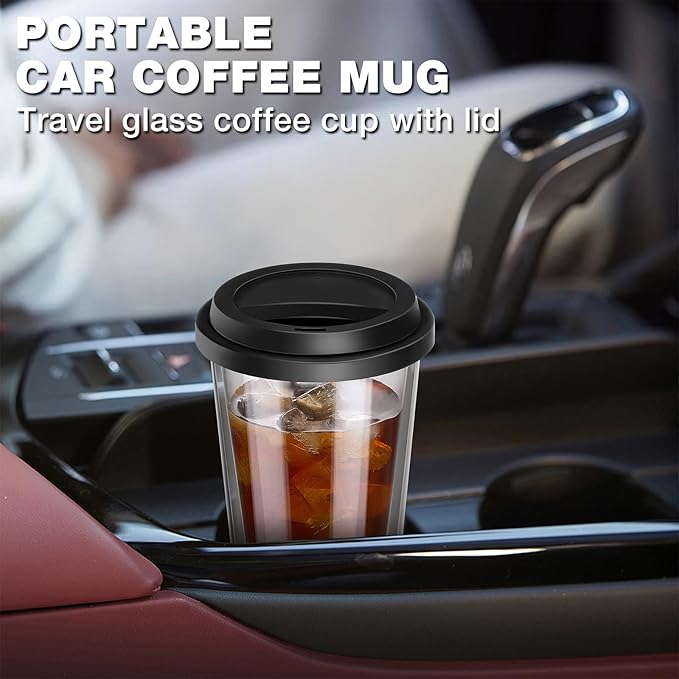 Qipecedm® 2 Packs Double Walled Glass Coffee Mugs with Silicone Lids, 12 OZ Reusable Glass Coffee Cups, Insulated Coffee Mugs, Cappuccino,Tea,Latte,Iced Coffee Cups, Glass Travel Mug, Heat Resistant