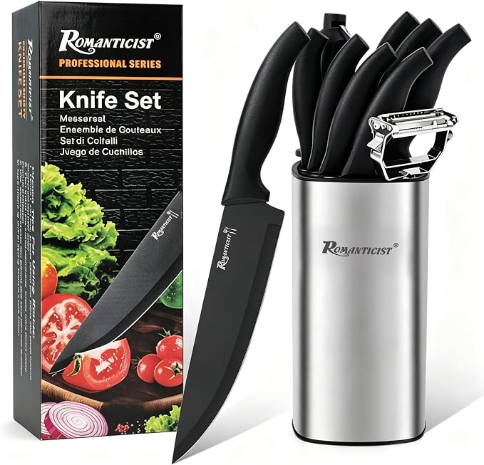 ROMANTICIST Kitchen Knife Sets, 10PCS High Carbon Stainless Steel Knife Sets with Block, Black Knife Block Set, Knives Set for Kitchen with Anti-slip Handle, Exquisite Knives Set New Home Essentials