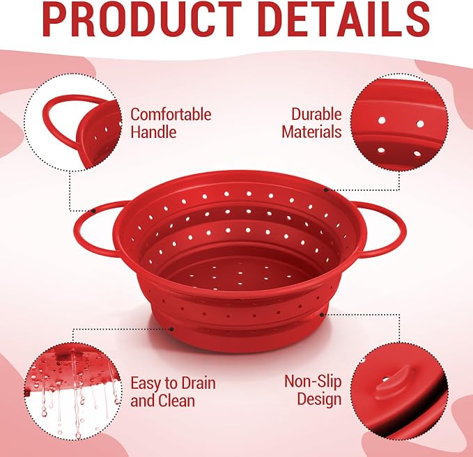 3 Pack Collapsible Colander with Strainer Bowl Set,Red | 11 & 13 In Silicone Colanders for Kitchen, Heat-Resistant Strainer Dishwasher Safe Baskets for Vegetable Fruits