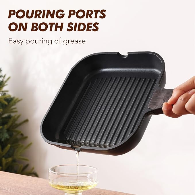 SENSARTE Nonstick Grill Pan with Lid, Grill Pan for Stove Tops, Versatile Griddle with Pour Spouts, Square Big Cooking Surface, Durable Skillet Indoor & Outdoor Grilling. PFOA Free