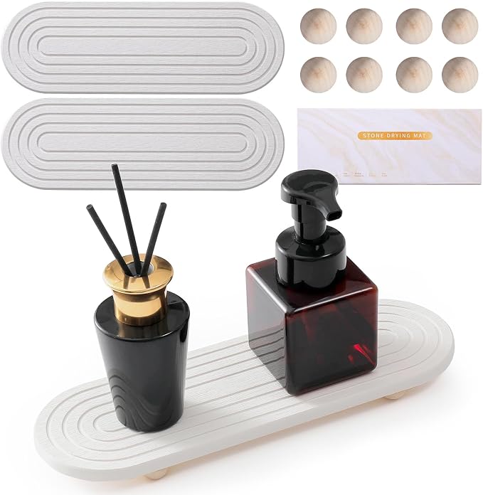 Instant Dry Stone Sink Tray, 11.8x3.9 Water Absorbing Diatomite Stone Tray for Sink with Wooden Feet, Sink Caddy Stone, Kitchen Sink Organizer (White-2) | Absorbent Diatomite Material, 11.8*3.9 in, Versatile Sink Organizer