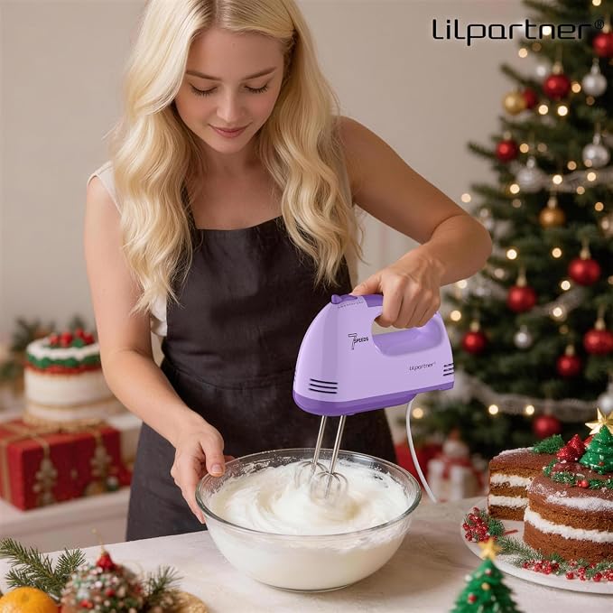 LILPARTNER Hand Mixer Electric, Ultra Power Kitchen Hand Mixer With 7-Speed & 5 Stainless Steel Accessories for Whipping Dough, Cream, Cake, Dishwasher Safe, Light Purple