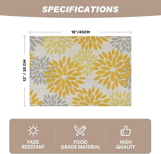 Artoid Mode Floral Plastic Placemats Set of 6, 12x18 Inch Washable Non-Slip Plastic Vinyl Place Mats for Party Kitchen Dining Decor, Yellow