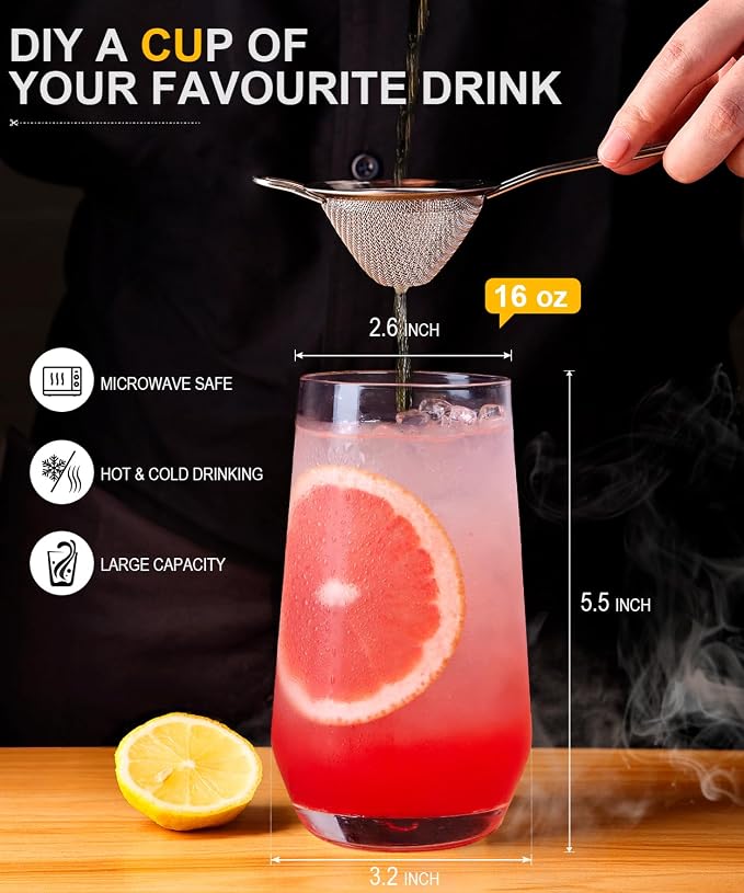 16oz Drinking Glasses Set of 8,Lead-Free Crystal Tall Water Glass Glassware | Highball Glasses, Glass Cups for Mojito, Cocktail, Juice, Bar, Kitchen & Everyday Use