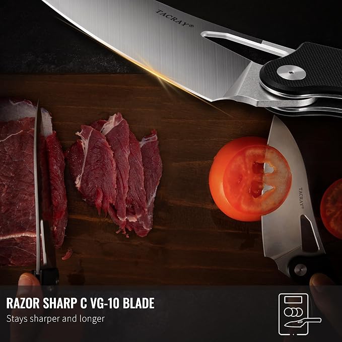 Folding Kitchen Chef Knife, 4.4" Foldable Camping Knife with 10cr15mov Stainless Steel Blade, Anti-skidding and Ergonomic Designed G10 Handle for both Indoor and Outdoor Cooking