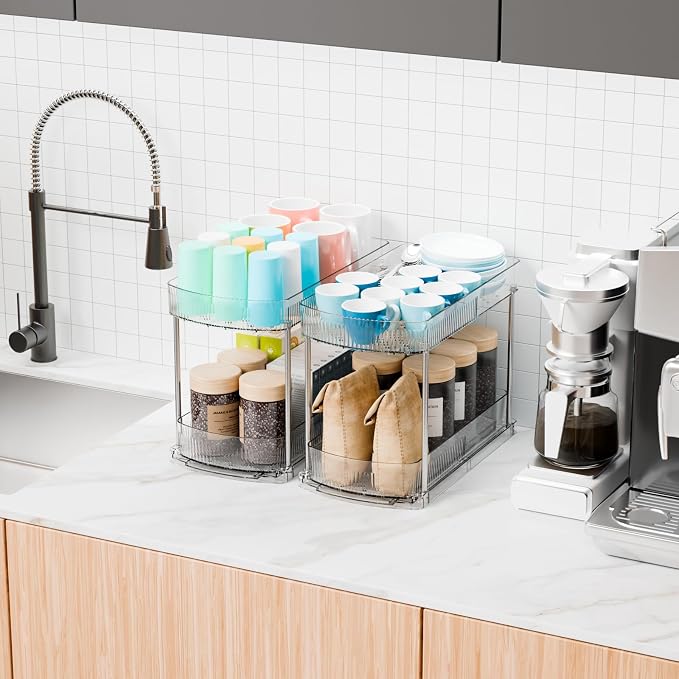 4 Pack Large Pull Out Bathroom Organizers and Storage,2 Tier 12.8″ Tall Sliding Kitchen Under Sink Organizer for Cleaning Products Storage,Acrylic Clear Bathroom inder Sink Organizer,Undersink Storage