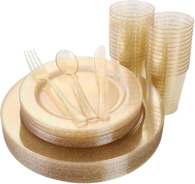 150Pcs Gold Disposable Plates,Gold Glitter Dinnerware Set for Party | Gold Plastic Plates Set Include 25 Dinner Plates 10.25’’, 25 Dessert Plates 7.5’’, 25 cups 10 oz, 75 Plastic Silverware Set