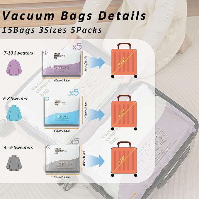 Hanari Vacuum Storage Bags for Travel with Electric Pump, 15 Combo 5(S+M+L) | Save 80% Space, Wireless Electric Pump, Vacuum Bags for Travel, Clothing Storage,1500mAh Battery, 4000Pa Suction