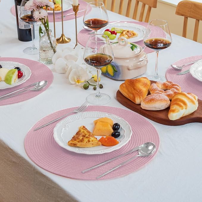 Zupro Round Pink Placemats Set of 6 Braided Non-Slip15 Indoor/Outdoor Use | Heat Resistant Washable,for Kitchen Dining Tables Four Seasons Dinner Parties Thanksgiving Christmas and Everyday Use.